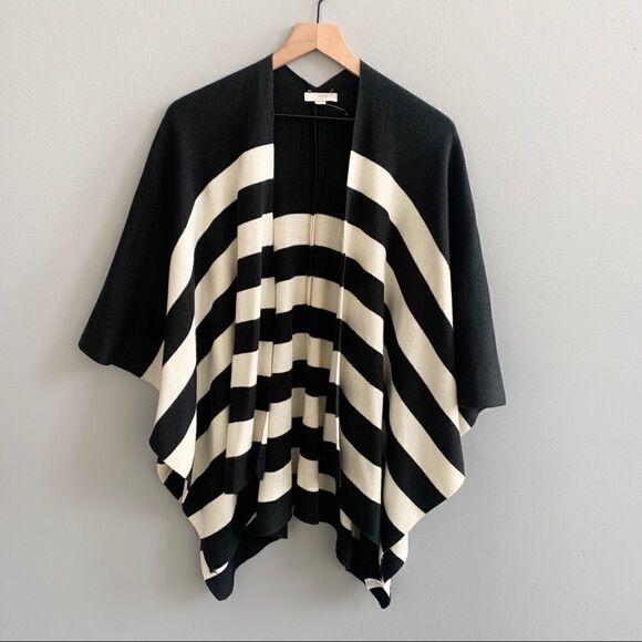 LOFT Striped Knit Sweater Poncho Cape Shrug Cardigan Black White Stripes XS/S - Picture 2 of 7